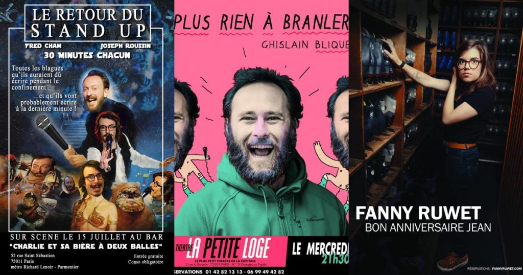 Affiches de spectacle humour : Le retour du stand-up, Plus rien à branler (Ghislain Blique) et Bon anniversaire Jean (Fanny Ruwet)