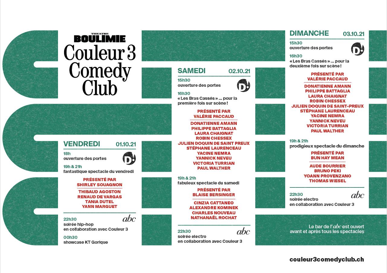 Programmation du festival Couleur 3 Comedy Club : spectacles humour à Lausanne