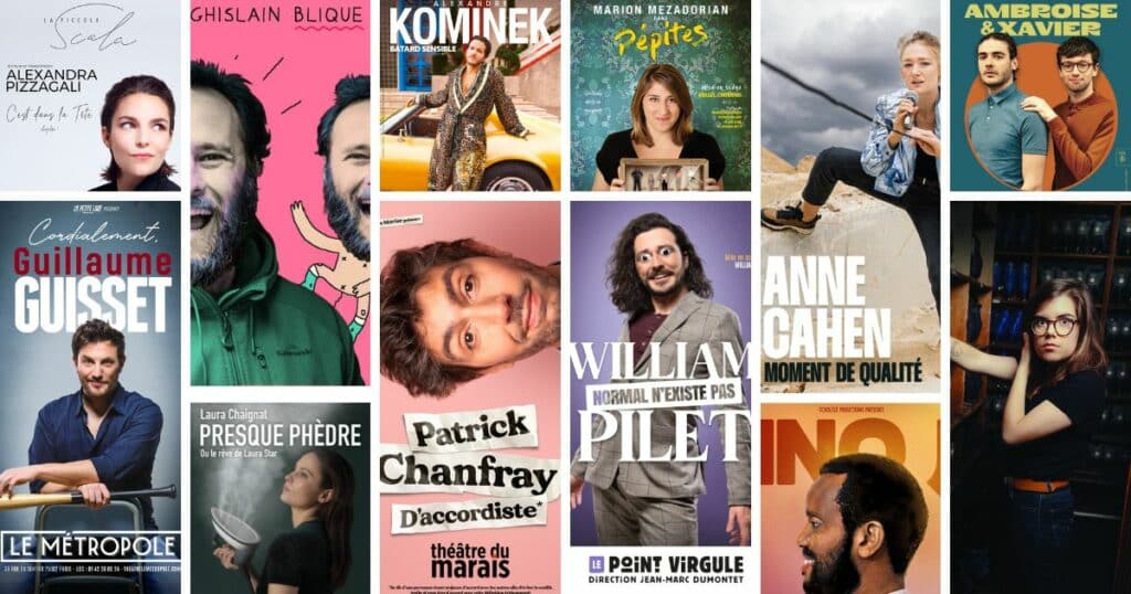 Affiches de spectacles humour et stand-up d'artistes émergents : Alexandra Pizzagali, Alexandre Kominek, Ambroise et Xavier, Fanny Ruwet, Inno JP, etc.