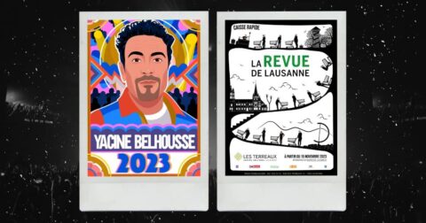 Affiche des spectacles 2023 de Yacine Belhousse et de la revue de Lausanne avec Blaise Bersinger