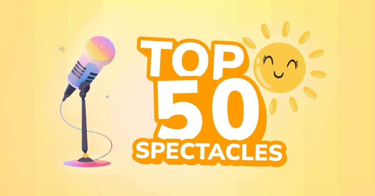 Le top 50 des spectacles humour de printemps : image d’illustration avec un micro de stand-up coloré et un soleil