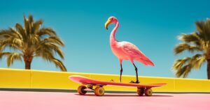 Un flamant rose sur un skateboard dans un décor pop-art Un flamant rose sur un skateboard dans un décor pop-art