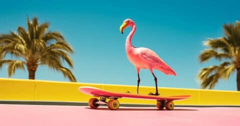 Un flamant rose sur un skateboard dans un décor pop-art